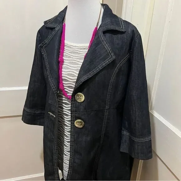 Baccini Spring 3/4 Sleeve Tunic Length Jean Jacket Dark Wash Light Women's L - Picture 4 of 14